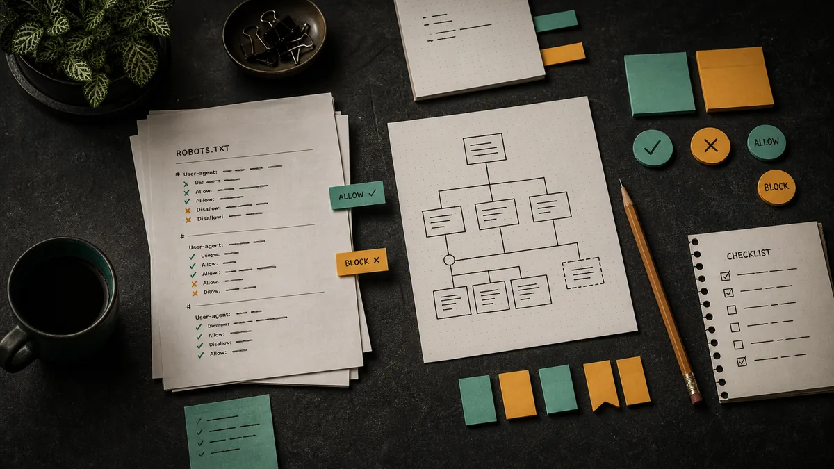 Overhead dark workbench with robots.txt notes, a site map sketch, access tokens, sticky tabs, and a checklist