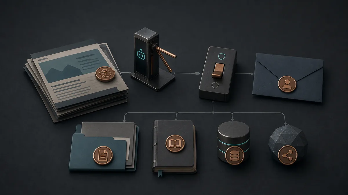 Dark tactile diagram connecting website pages, a bot access gate, policy switch, evidence sources, and customer inquiry