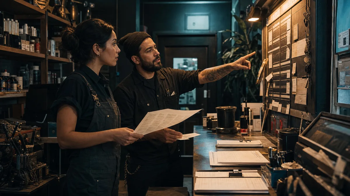 Two team members at a dim service counter reviewing an access policy sheet and customer question cards