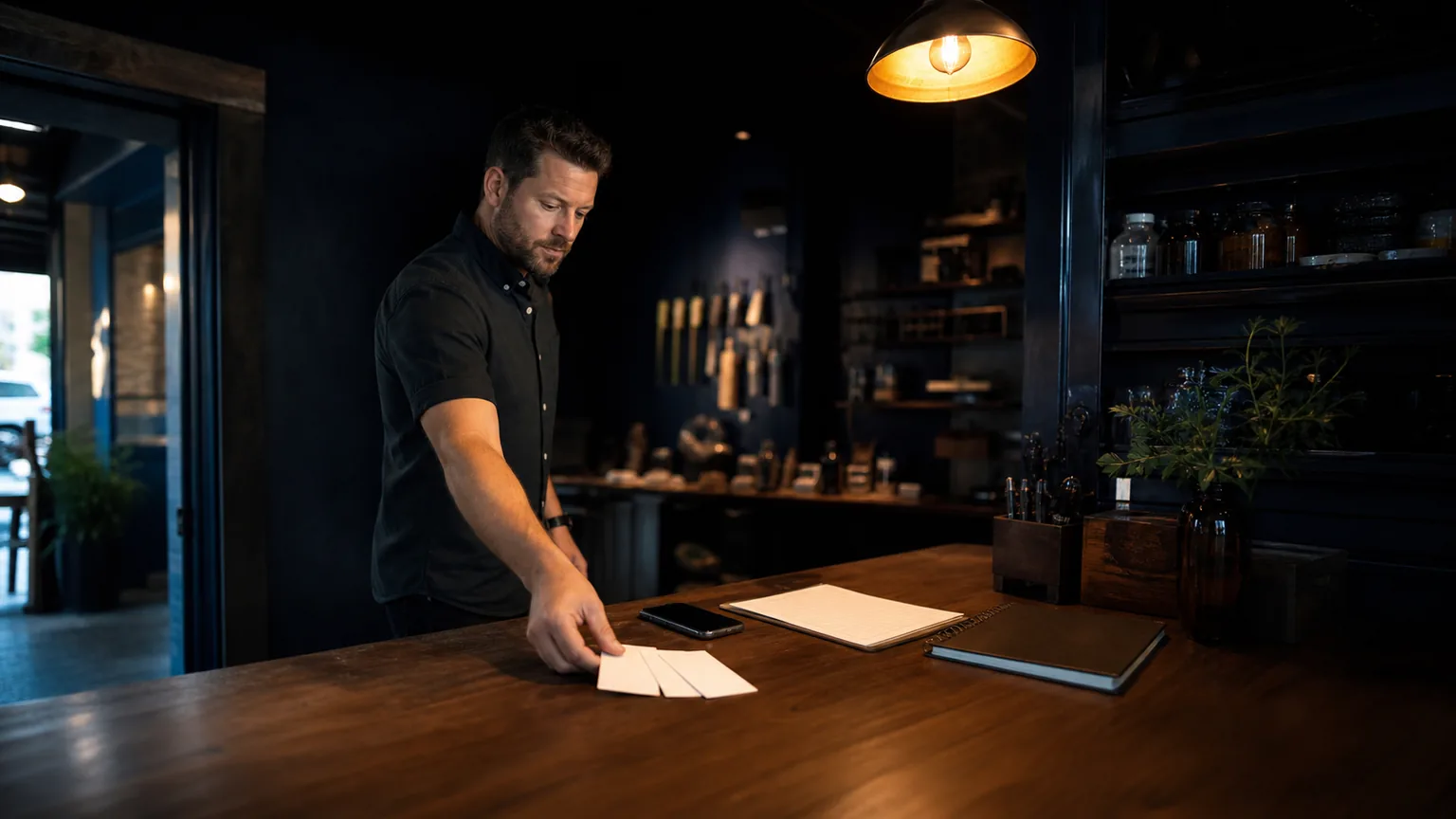 Owner placing blank answer cards beside a phone and customer question notebook at a dark service counter