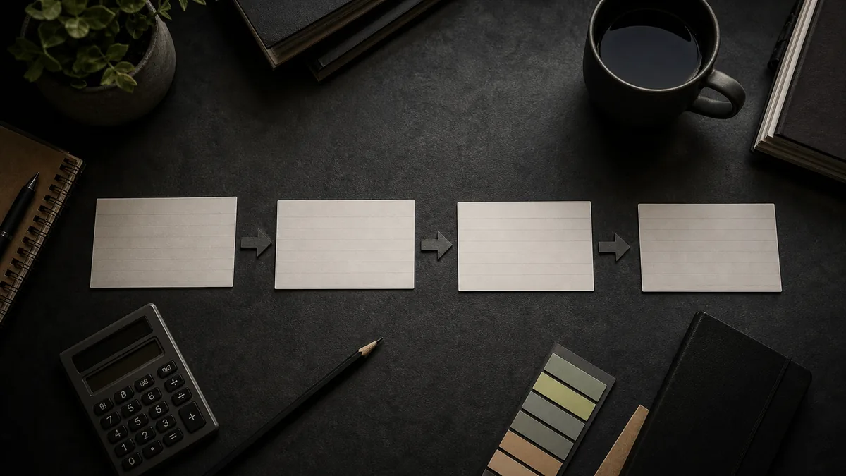 Overhead slate desk with blank question, answer, proof, and next-step cards arranged for page planning