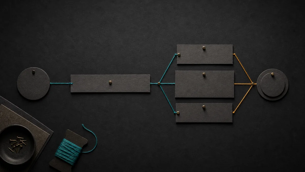 Dark tactile diagram linking a customer question to an answer, proof, and booking action