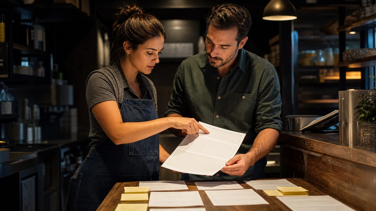Two people standing at a workshop counter reviewing blank service page mockups and question notes