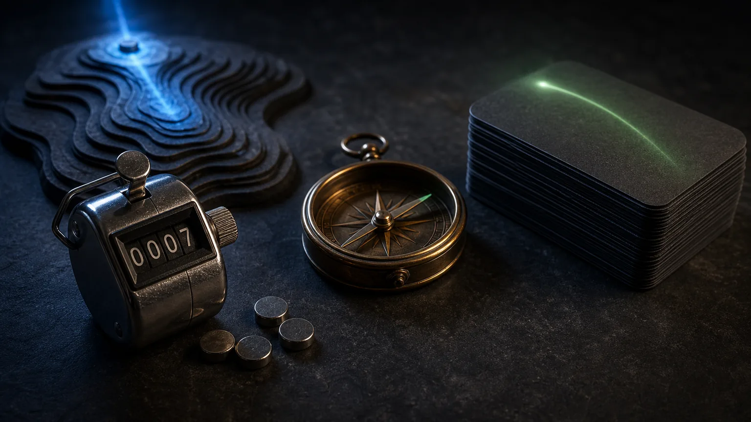 Dark evidence still life with a click counter, compass, tokens, and stacked customer inquiry cards