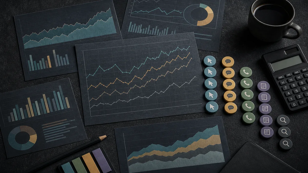 Overhead dark analytics workspace with printed charts, colored outcome tokens, calculator, and pencil