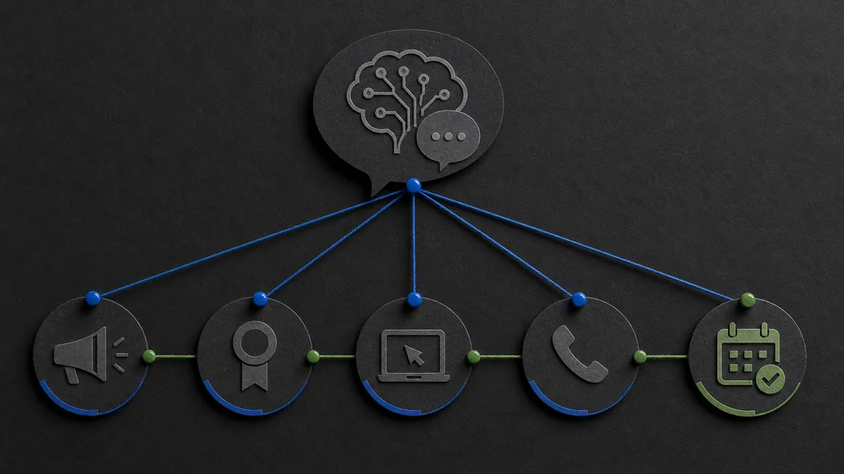 Tactile dark flow diagram linking an AI answer symbol to mention, citation, visit, call, and booking markers