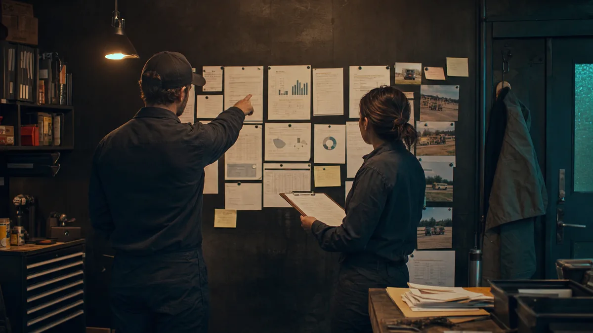 Two service team members standing at a workshop wall reviewing KPI sheets and customer lead notes
