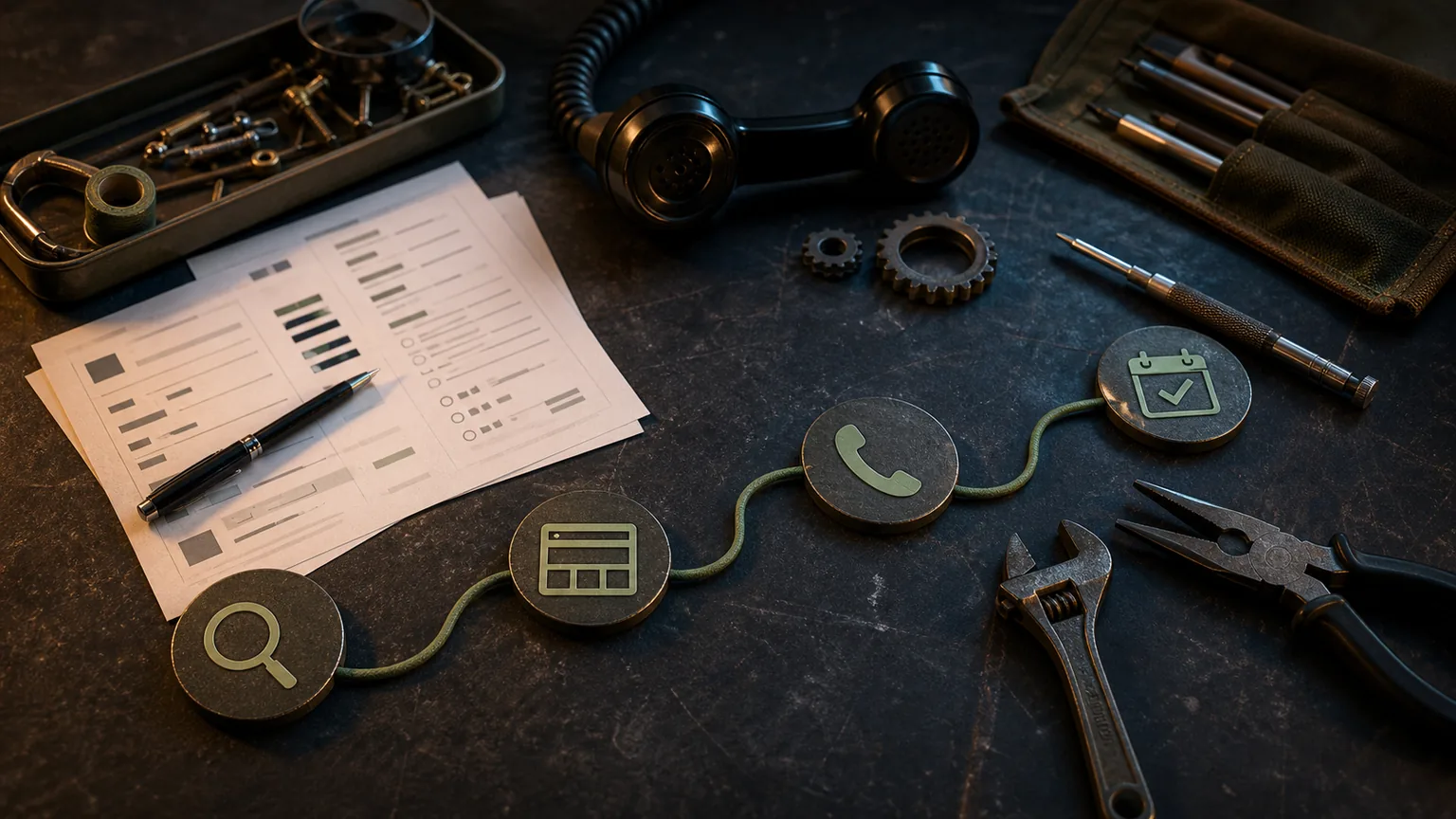 Dark workbench with lead forms, phone, tools, and route markers showing a customer path