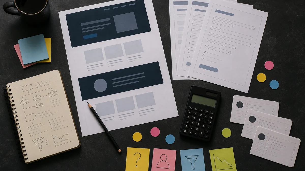 Overhead dark workspace with page mockups, inquiry forms, phone logs, calculator, and sticky dots