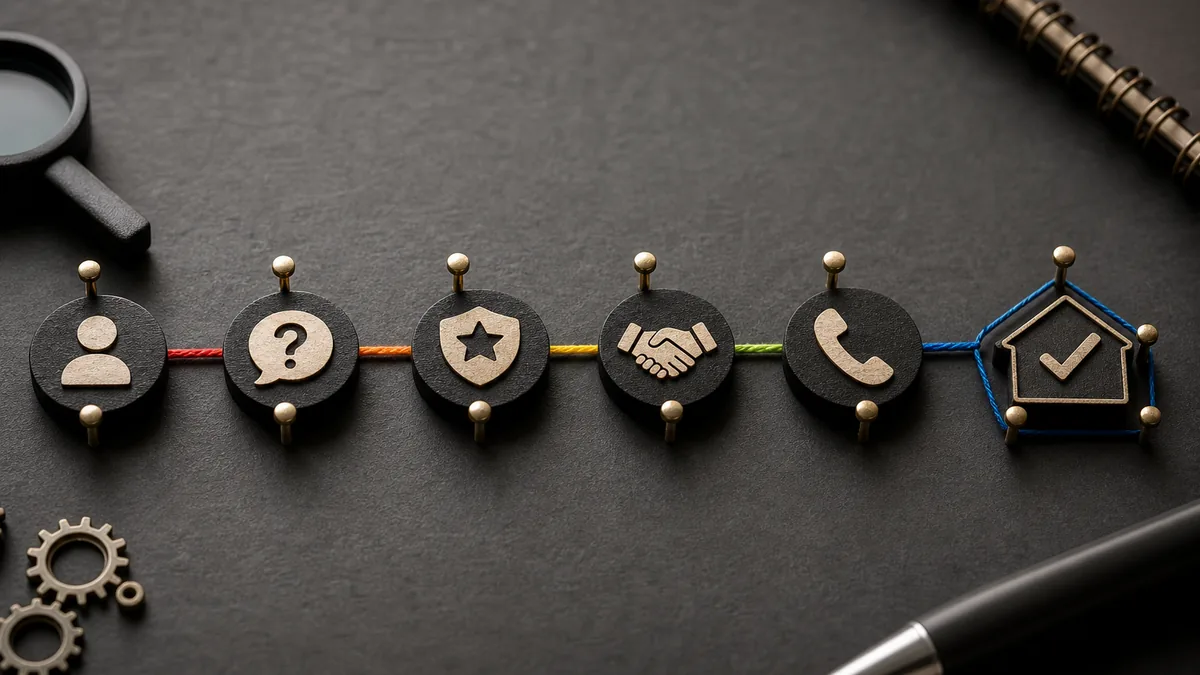 Dark tactile path diagram linking visitor, question, proof, trust, call, and booked job tokens