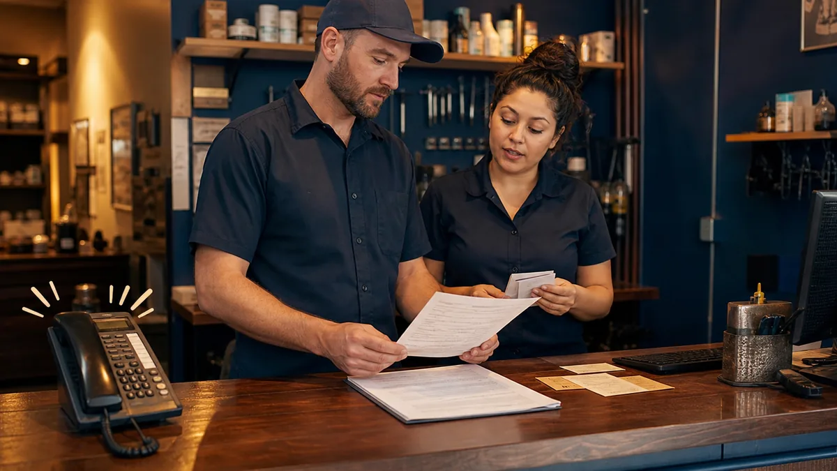Two service team members standing at a counter reviewing page notes and customer inquiry cards