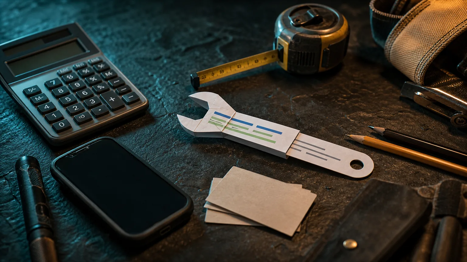 Dark workbench with calculator, phone, appointment cards, and a handmade search-result tool shape