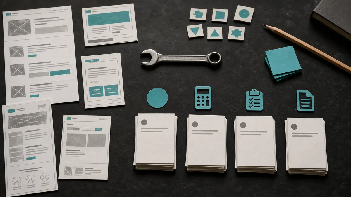 Overhead dark workspace with website tool sketches, a wrench, pencil, tokens, and question cards