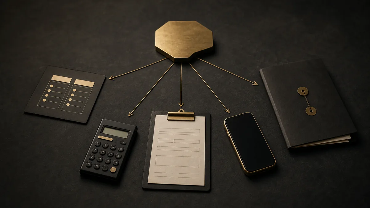 Dark physical flow diagram connecting an AI answer shape to calculator, booking, phone, and proof props