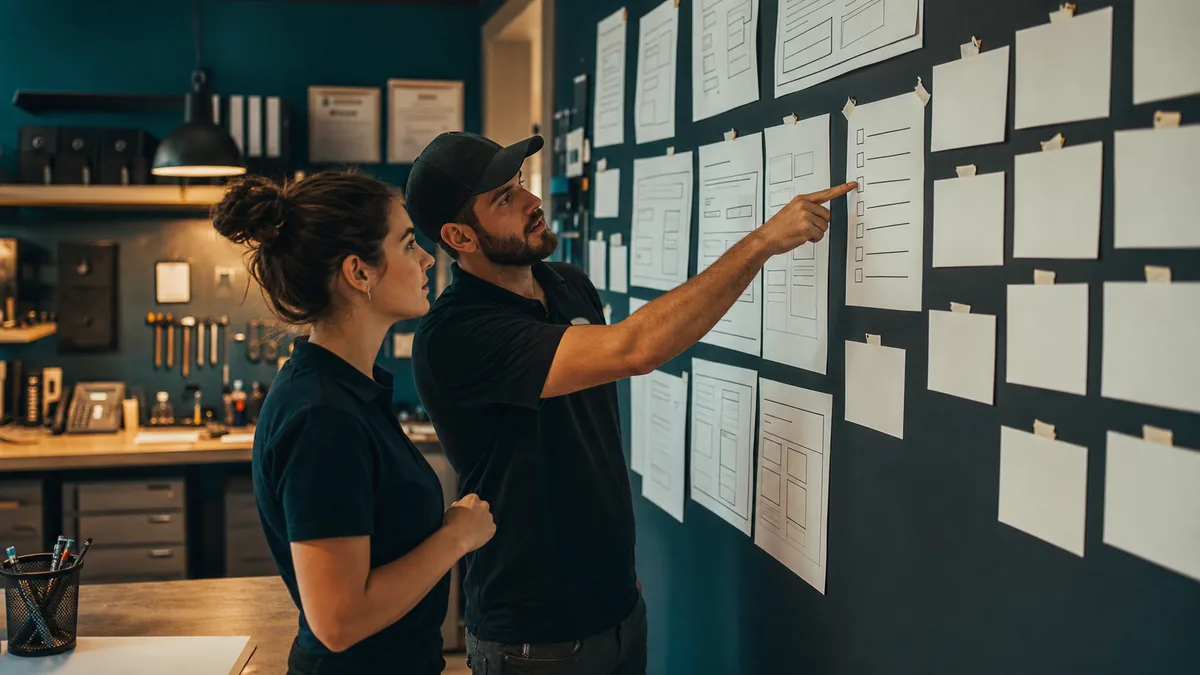 Two standing team members reviewing tool-page sketches and customer question cards on an office wall