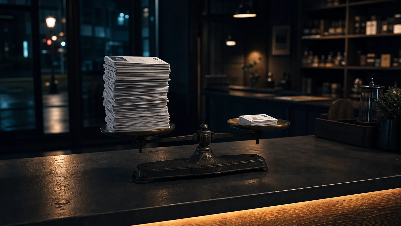 Dark service counter scale balancing crawler request slips against customer inquiry cards