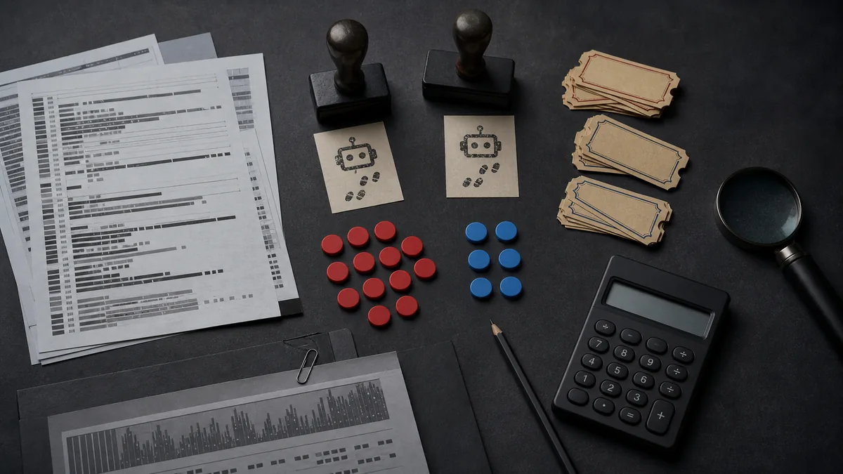Overhead dark workspace with server log printouts, referral tickets, calculator, and sorting tokens