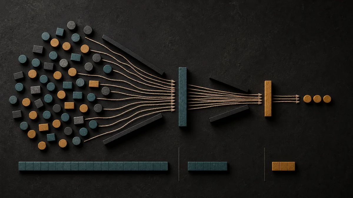 Dark physical ratio diagram showing crawler request tokens narrowing into referrals and customer actions