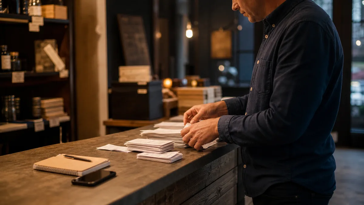 Owner standing at a service counter sorting log slips and customer inquiry cards beside a phone