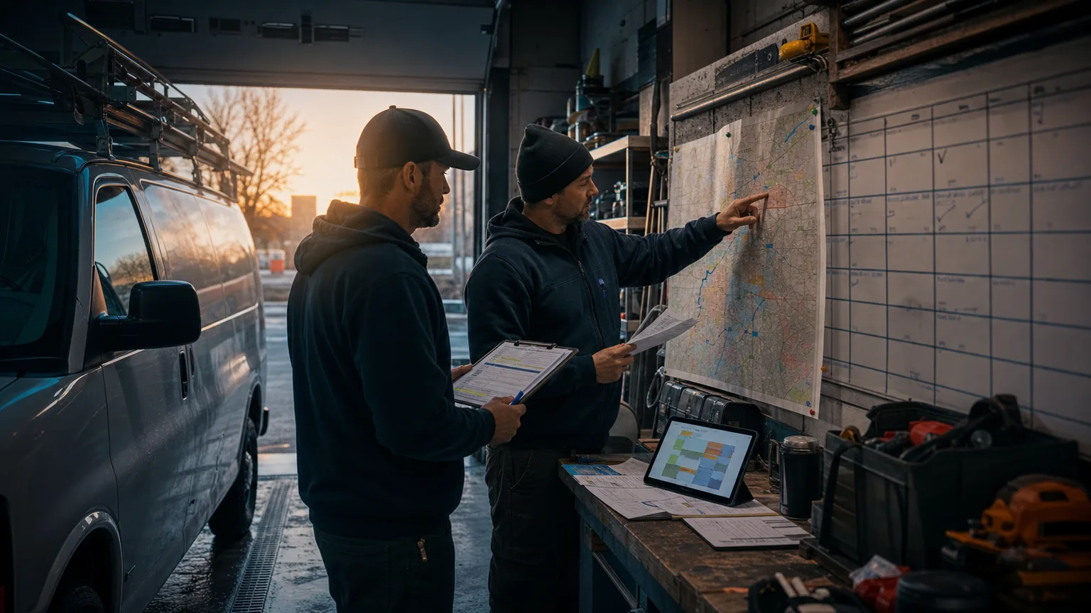 Two service-business workers review route maps and lead sheets beside a van in a dark shop garage