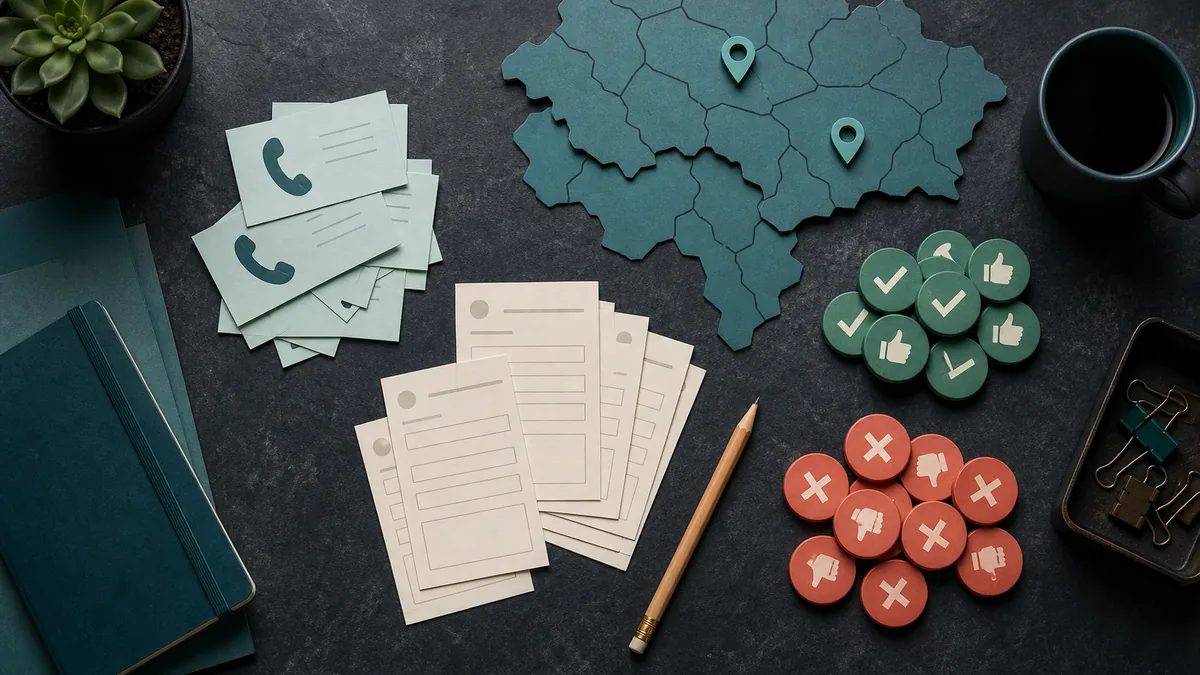 Overhead workspace with call slips, service-area map shapes, and tokens sorting lead quality