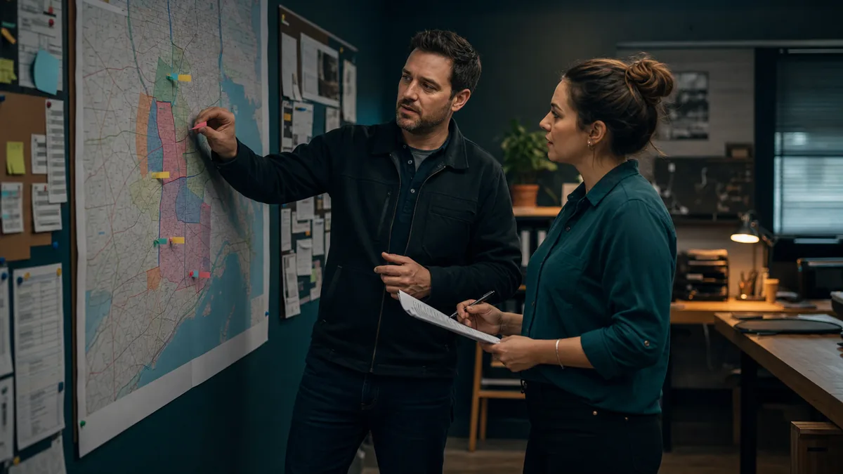 Two standing teammates review service-area zones and call notes on a wall map