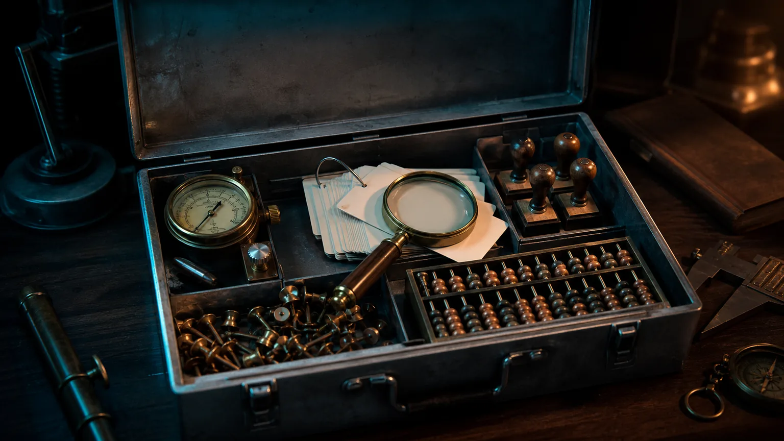 Open metal toolbox filled with gauges, citation pins, receipt cards, and an abacus on a dark counter