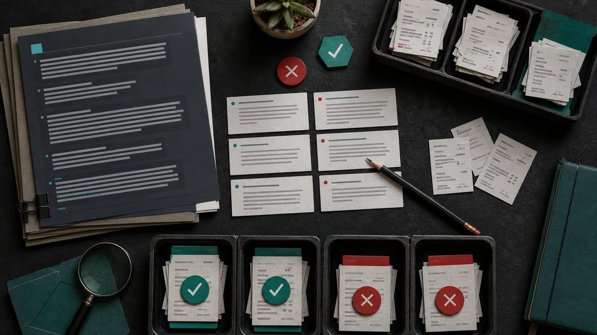 Overhead marketing workbench sorting answer snapshots, source receipts, and verification tokens