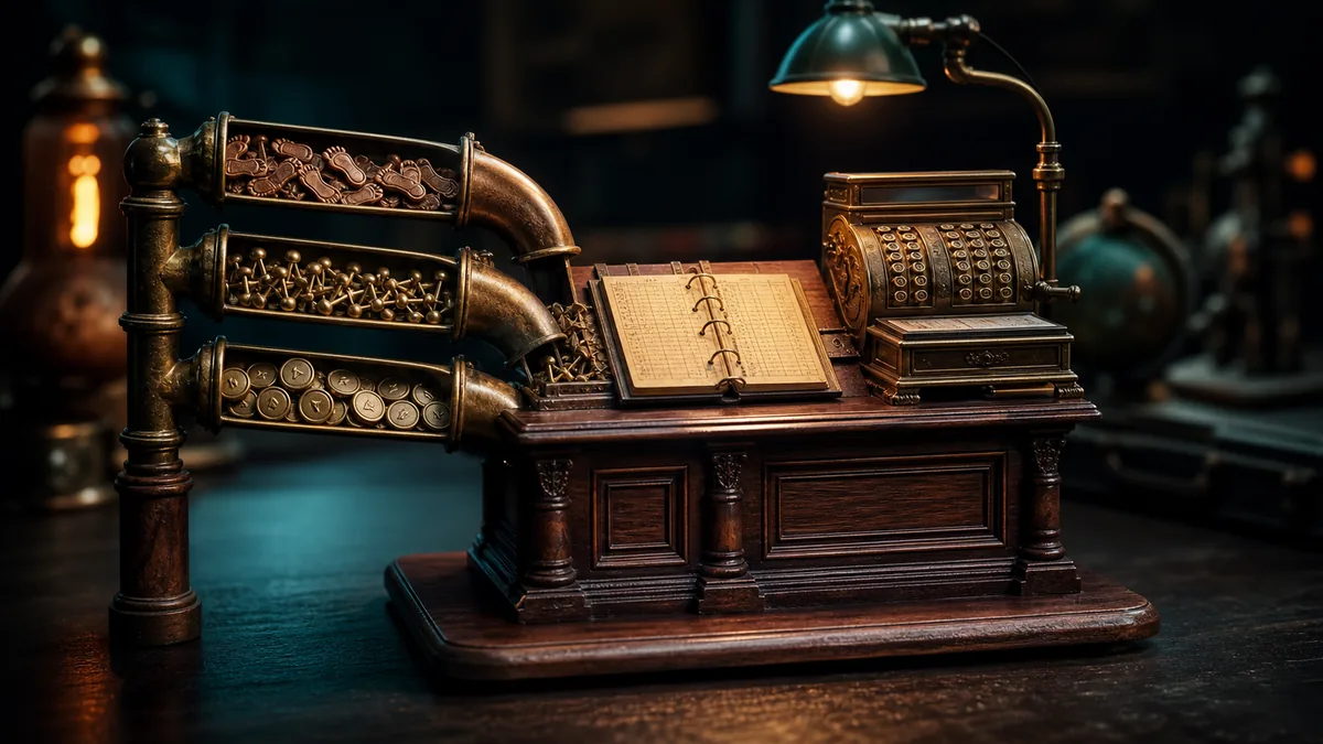 Miniature storefront counter receiving crawler footprints, citation pins, and referral tokens through brass tubes