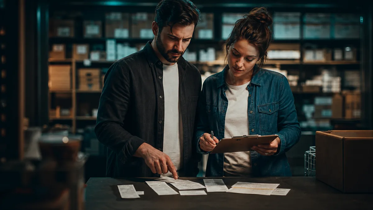 Two standing teammates review printed source receipts and call notes on a dark stockroom counter