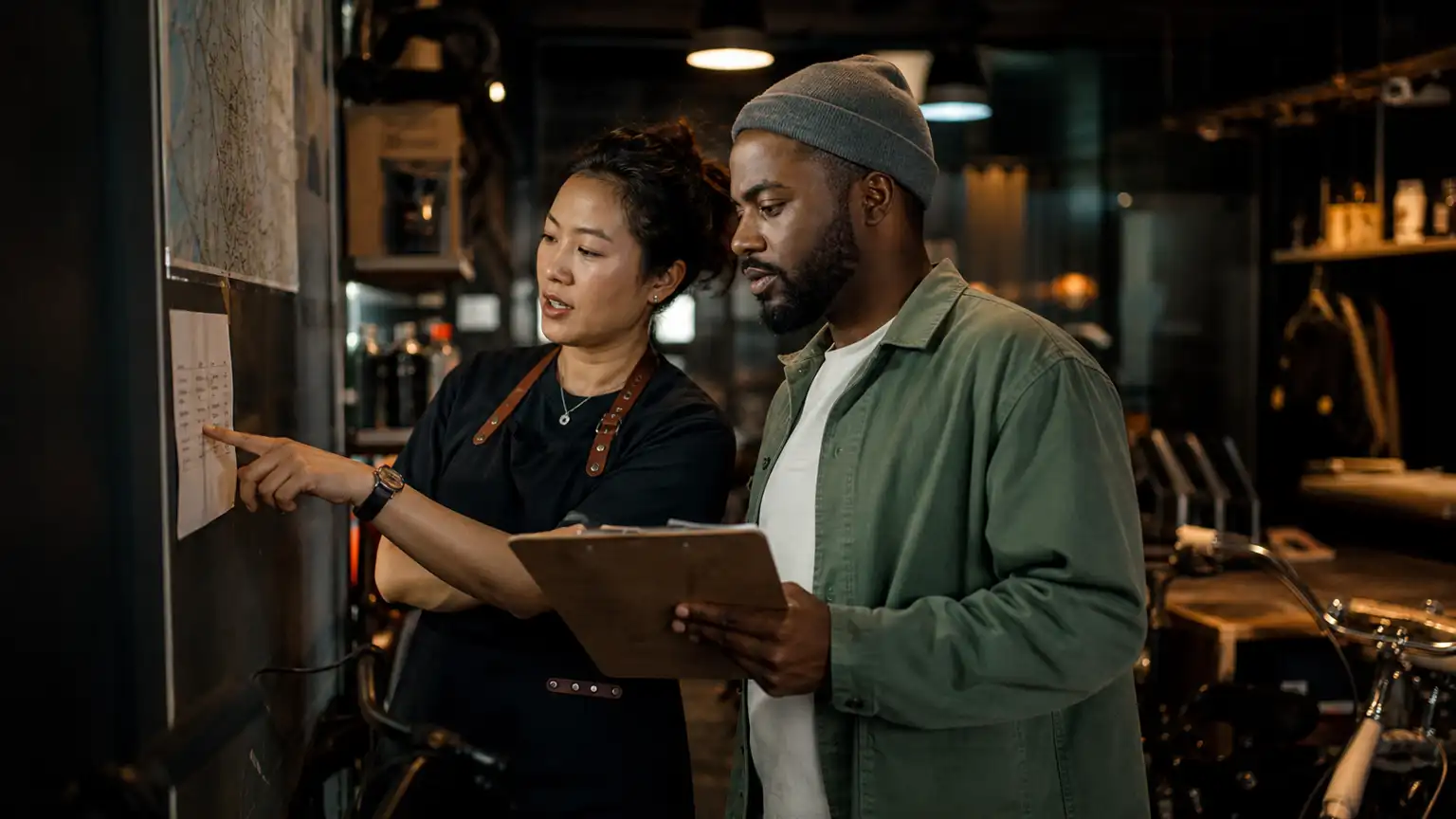Two local business owners review a service menu and wall map in a dark workshop after hours