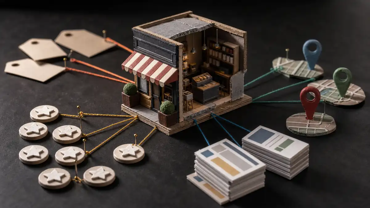 Miniature storefront connected to category tags, review tokens, map pins, and website page blocks