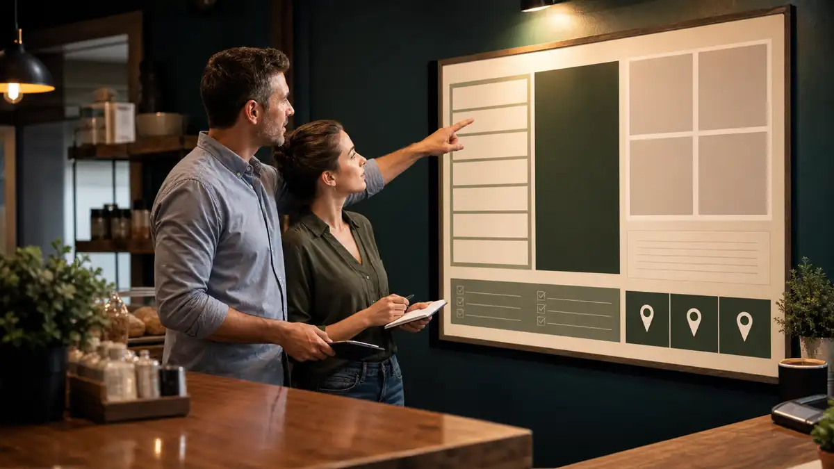 Two teammates review a wall board of service categories, location notes, checklist icons, and photos