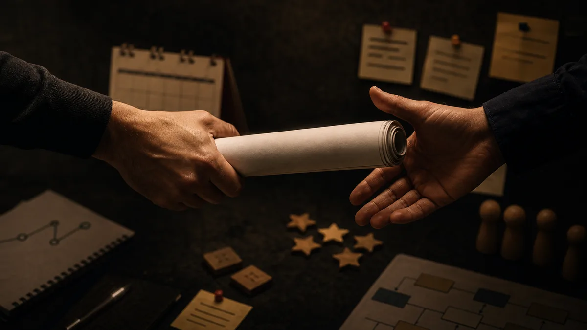 Cropped hands pass rolled service pages like a relay baton between marketing and operations notes