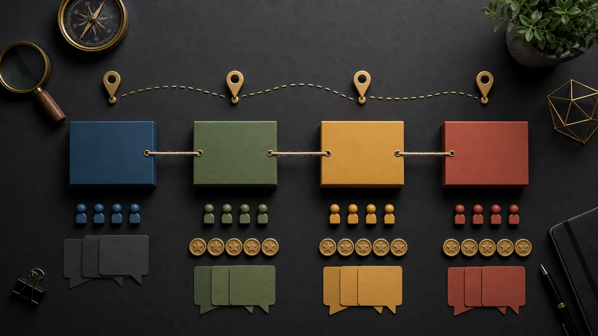 Dark board with blank blocks and strings showing a path from discovery to customer inquiry cards