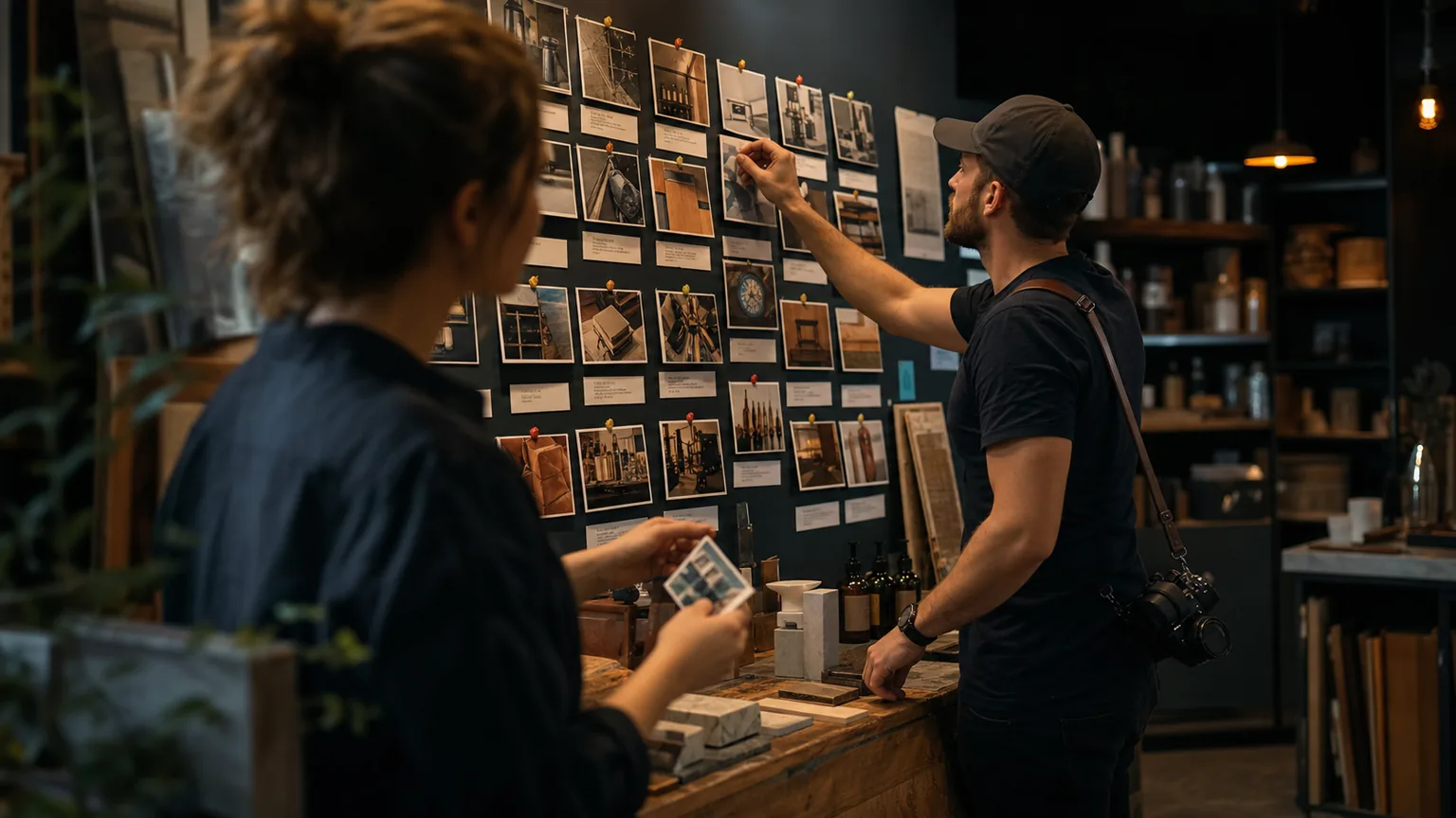 Two people organize business photo evidence on a dark workshop wall for search and AI context