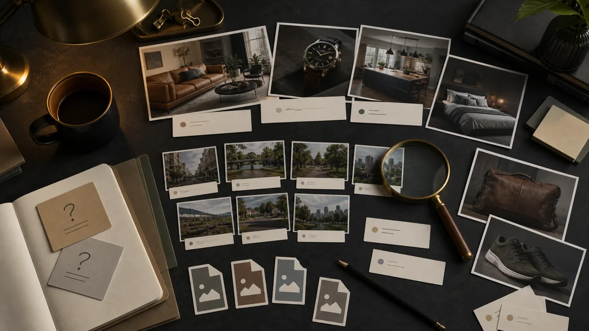 Overhead dark workspace with printed business photos, blank label cards, magnifying glass, pencil, and image file icons