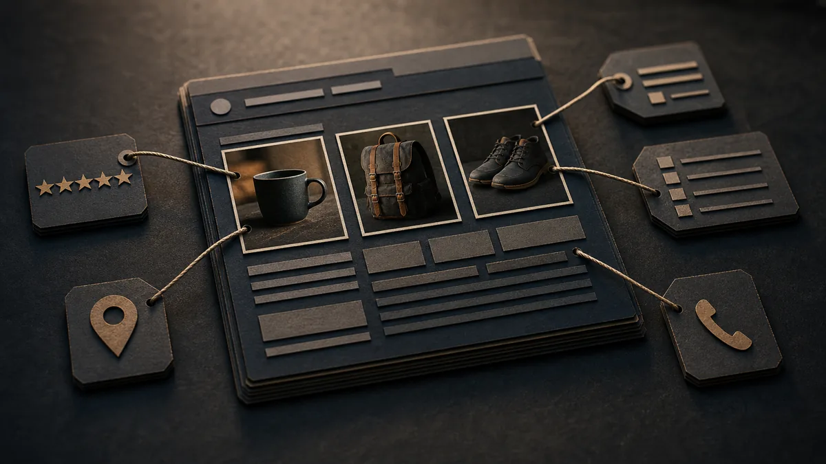Tactile web page model with photo tiles connected to proof tokens, location pins, notes, and a customer phone icon