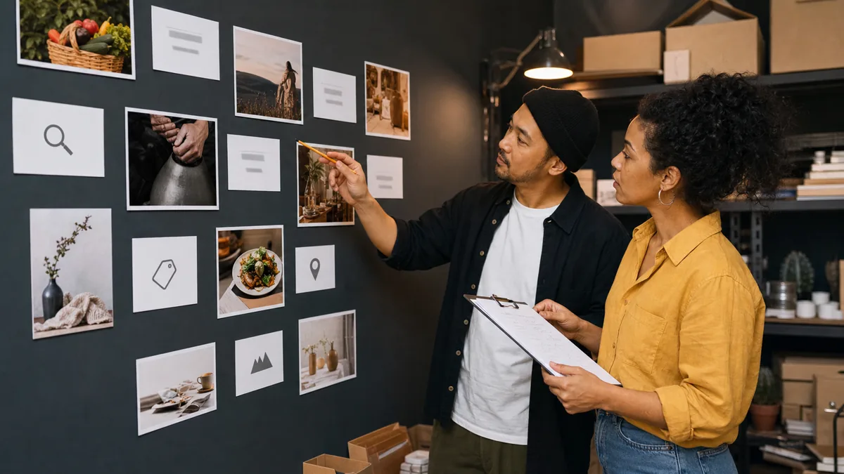 Two standing team members review printed business images and blank label cards on a dark back-room wall