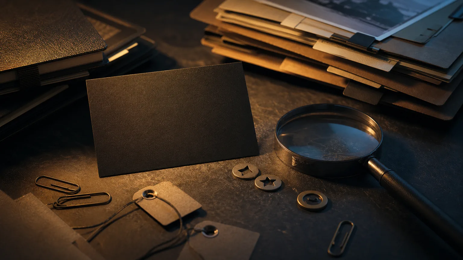 Brand card beside third-party folders and citation tags on a dark evidence table