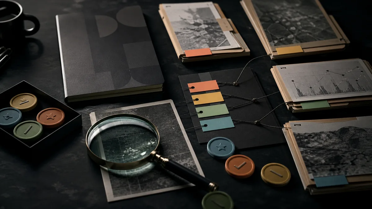 Brand card, source folders, citation tags, review tokens, and magnifying glass on a dark evidence table