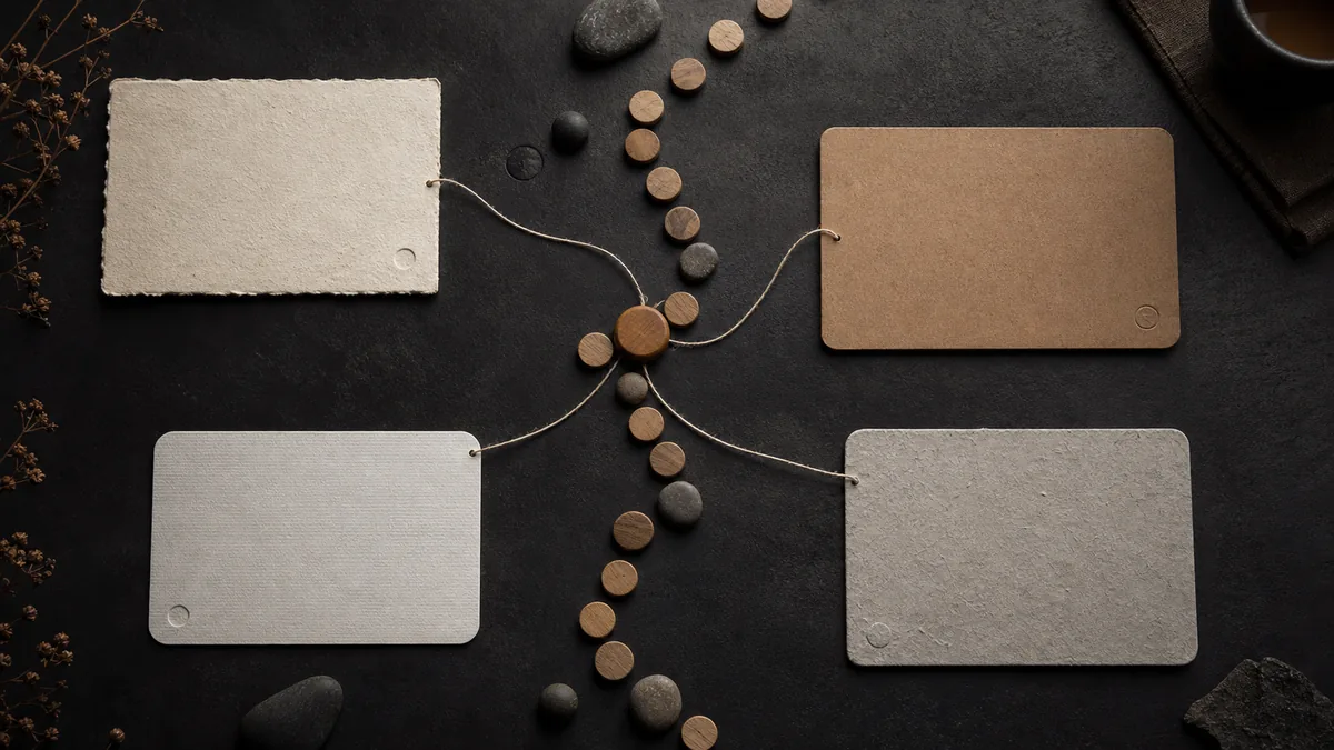 Four blank decision cards connected by thread to customer path tokens on a dark workspace
