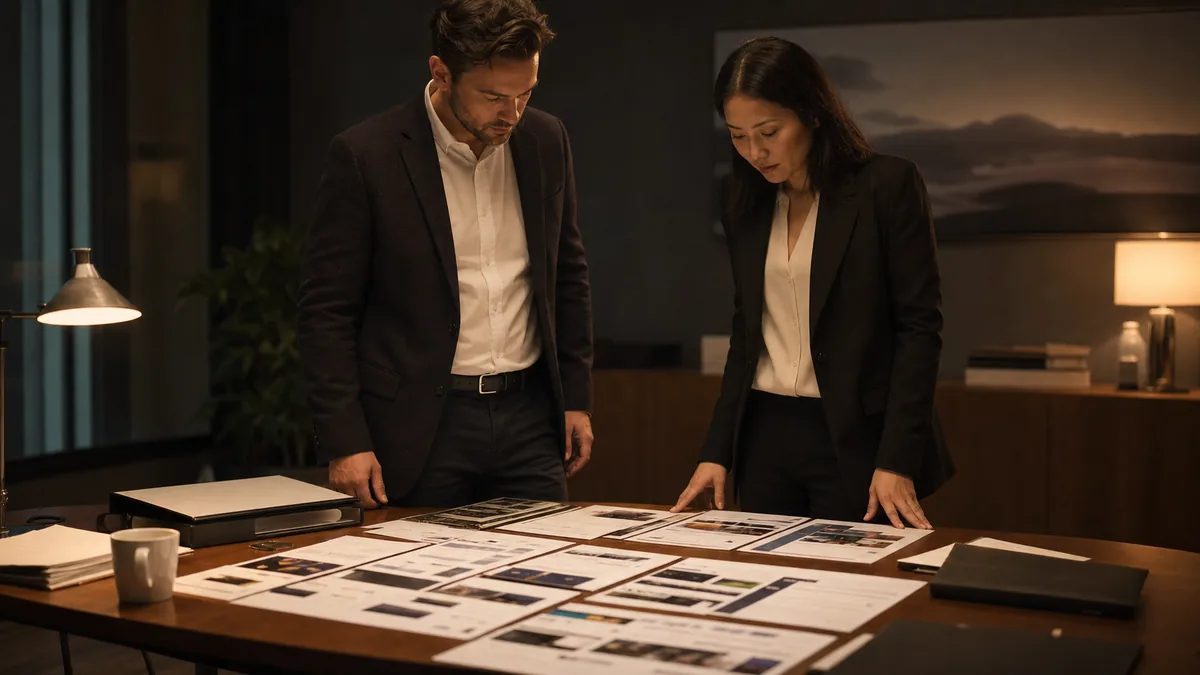 Two people stand over service proof cards, source folders, and a website evidence map in a dim conference corner