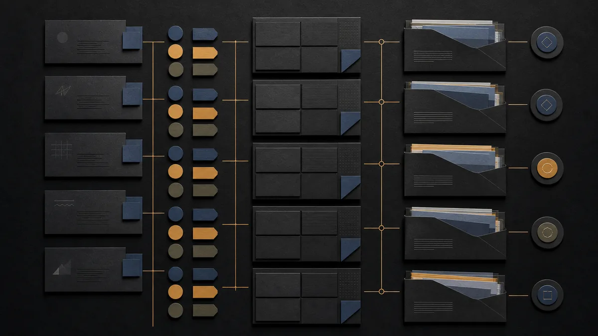 Dark checklist board with prompt cards, citation tokens, page blocks, and third-party proof folders