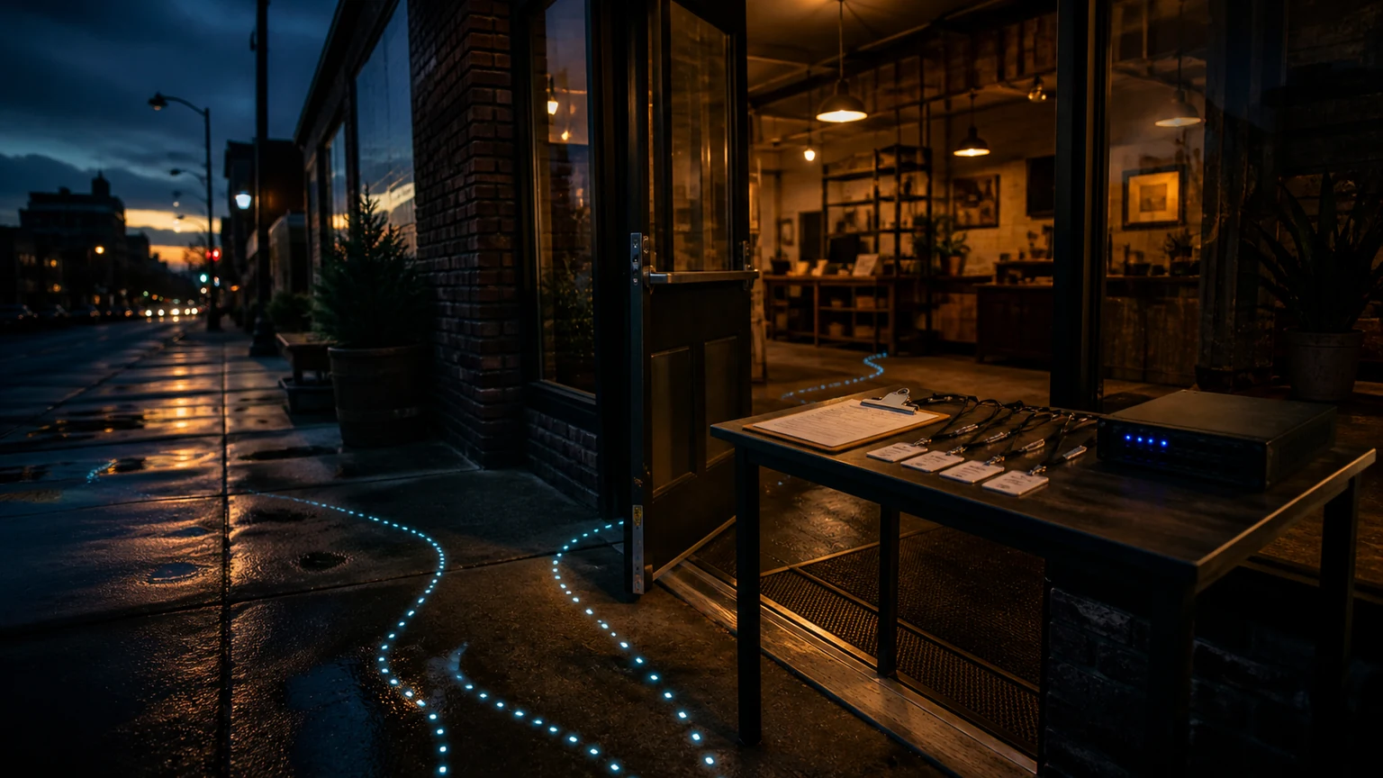 Local storefront at dusk with a lit doorway, access tags, a router, and dotted bot trails on the sidewalk