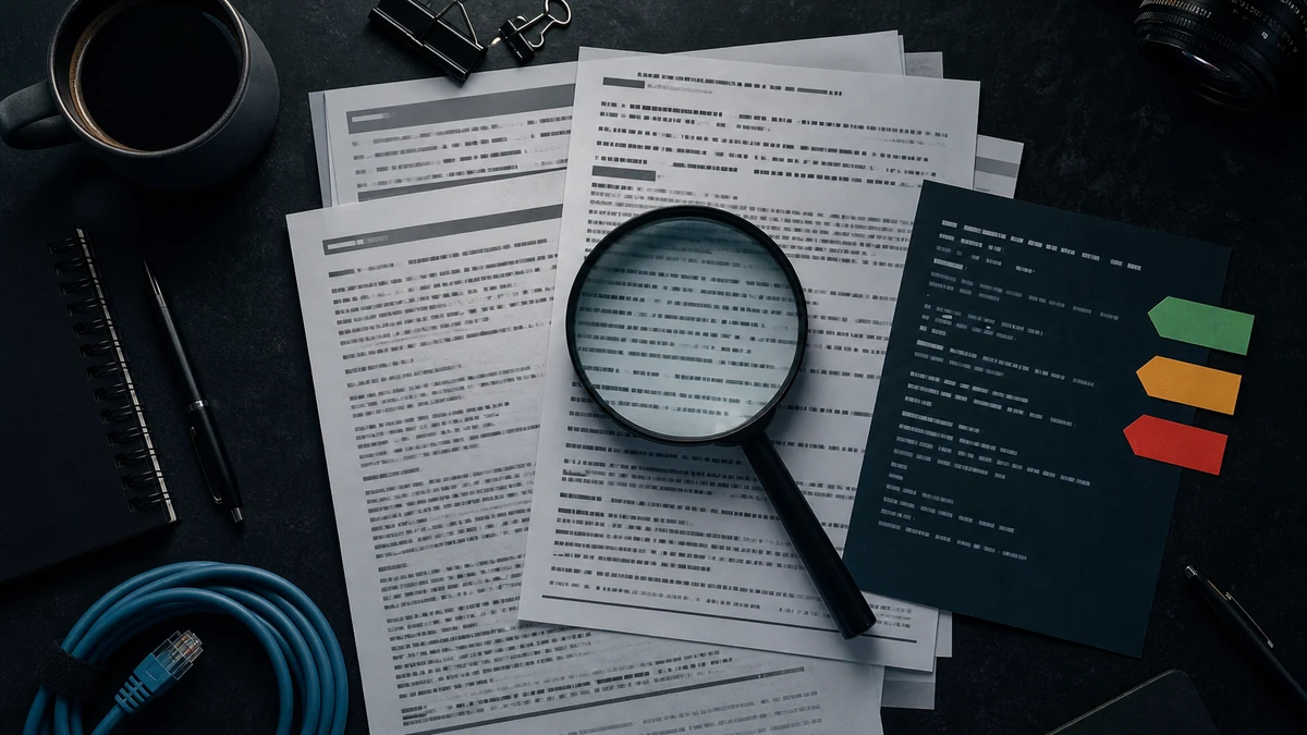Overhead dark tabletop with crawler papers, a magnifying glass, colored access tags, and a network cable