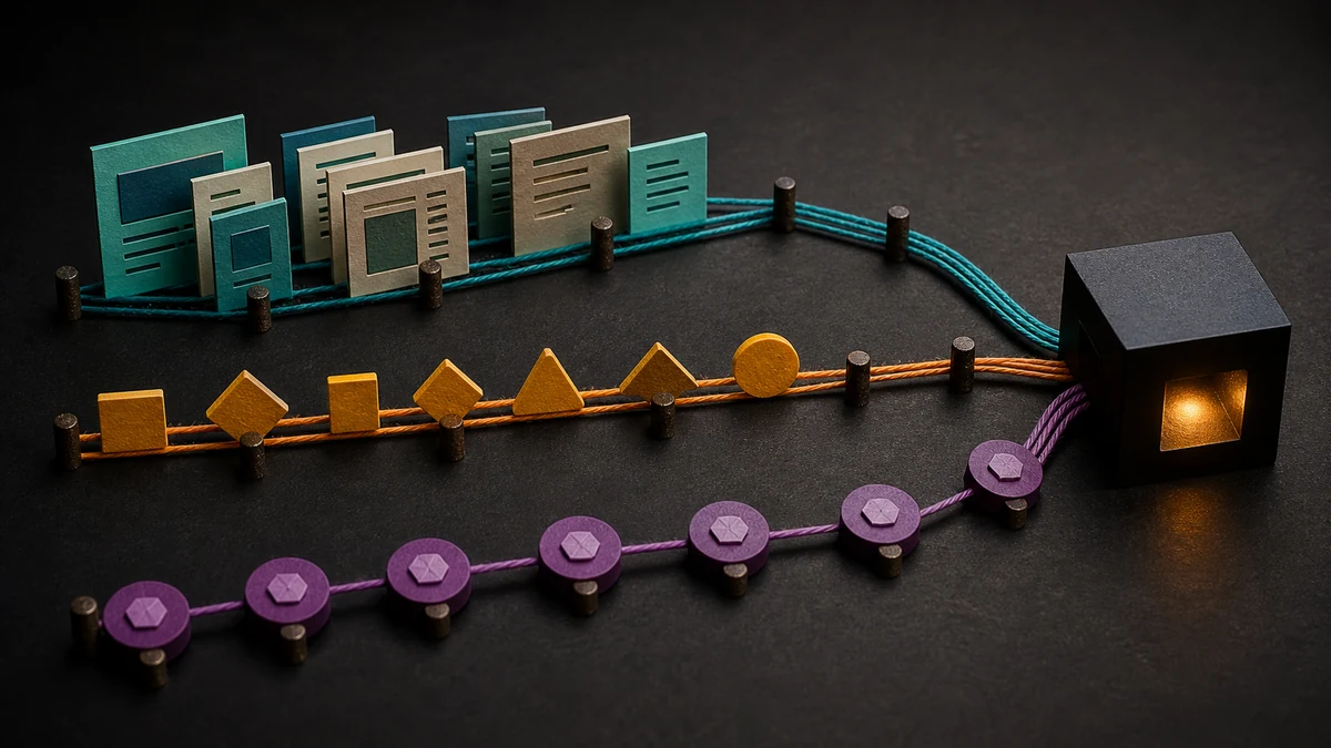 Physical model with colored lanes for pages, bot policies, and trust sources converging into a glowing answer box