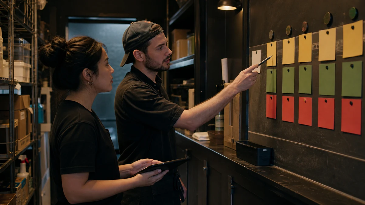 Two standing staff members review blank colored access cards on a dark service-counter wall