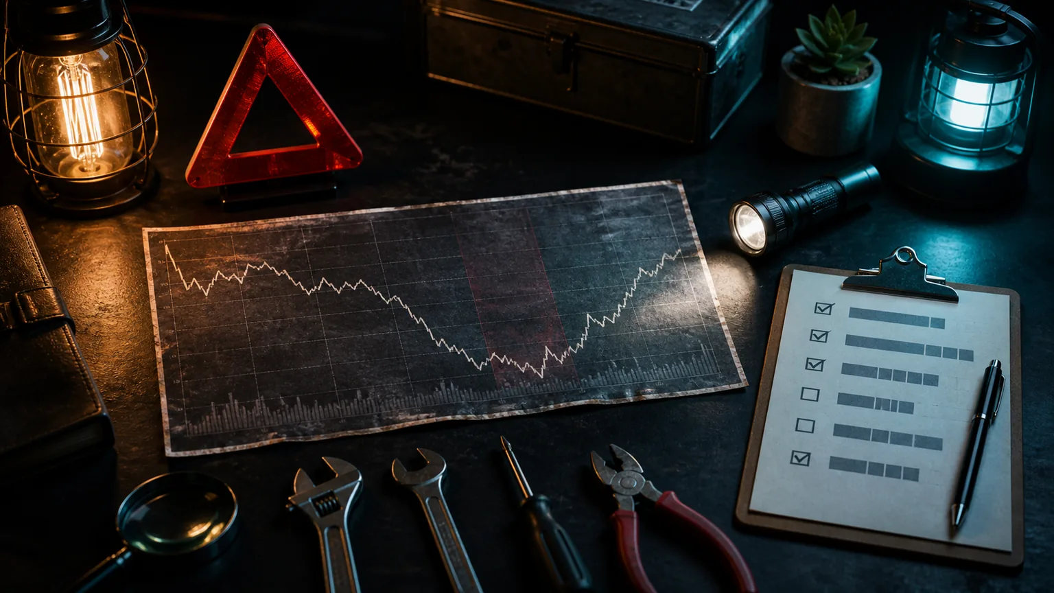 Dark operations table with an abstract traffic chart, warning triangle, flashlight, checklist, and repair tools