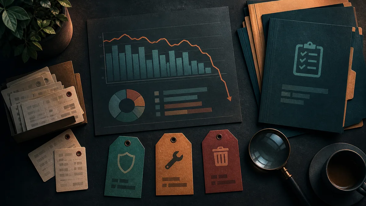 Overhead website triage desk with traffic chart, source receipts, quality folders, magnifier, and colored tags